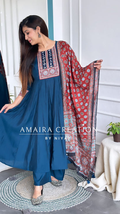 T- Blue Color Anarkali With Plazo Set & Printed Dupatta