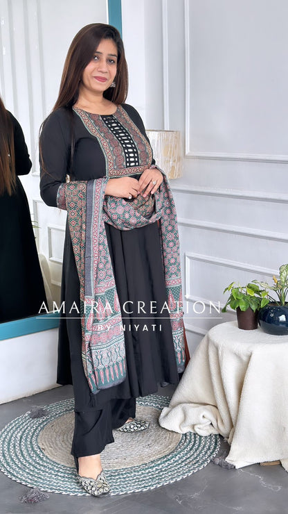 Black Color Anarkali With Plazo Set & Printed Dupatta