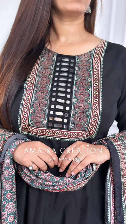 Black Color Anarkali With Plazo Set & Printed Dupatta