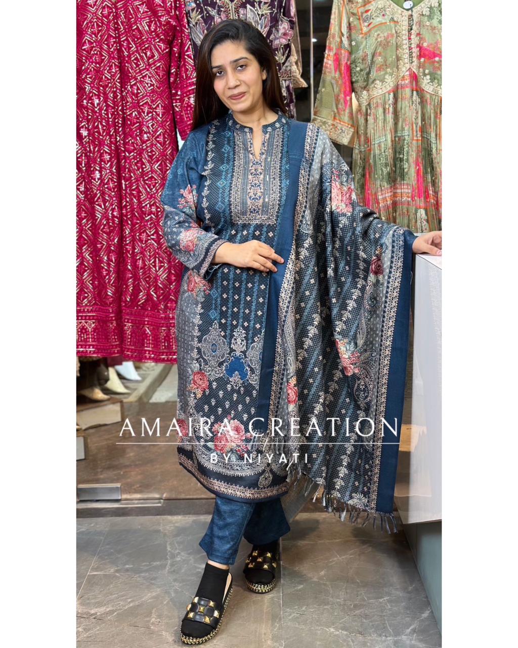 Blue Color Printed Woolen Suit