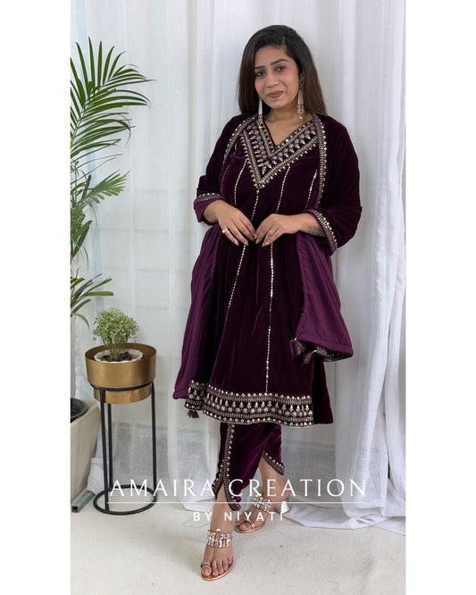 Purple Velvet Peplum Dhoti Set