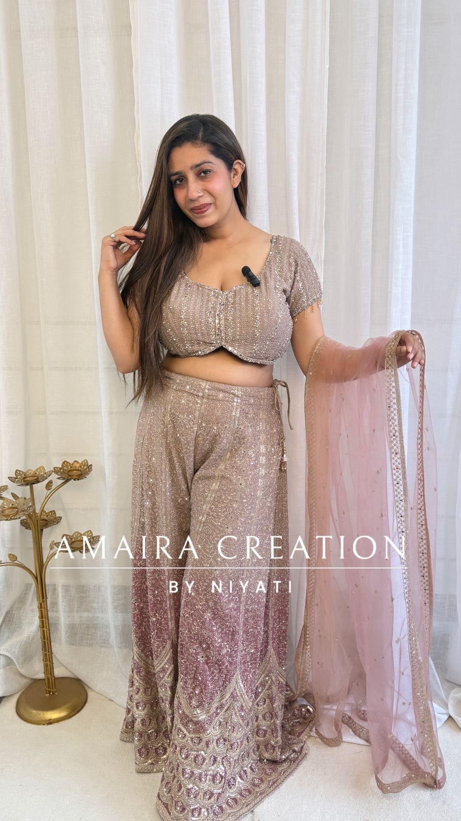 Mauve Ombre Net Indo Western Crop Top  Set