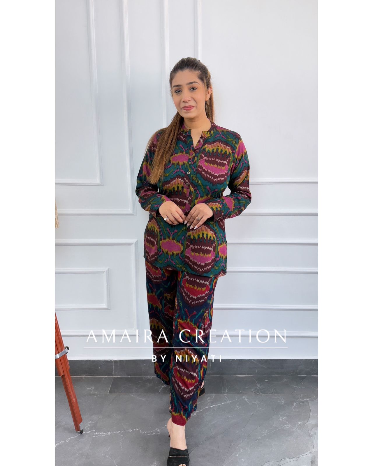 Green Color Ikkat Print Cord Set