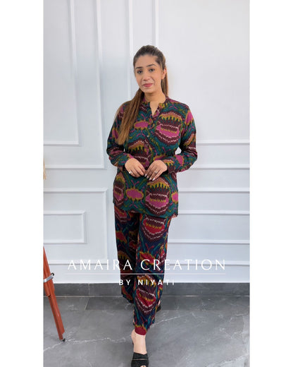Green Color Ikkat Print Cord Set