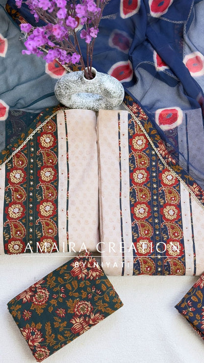 Premium Cotton Fabric Unstitch Suit With Schiffon Dupatta
