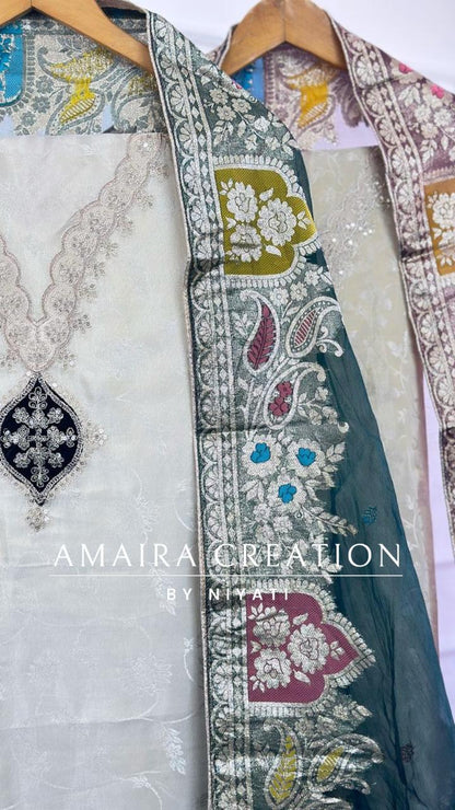 Cream Self Print Glass Tissue Unstitch Suit With (Organza Dupatta)