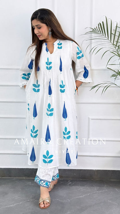 White Block Print Cotton A Line Kurta Set