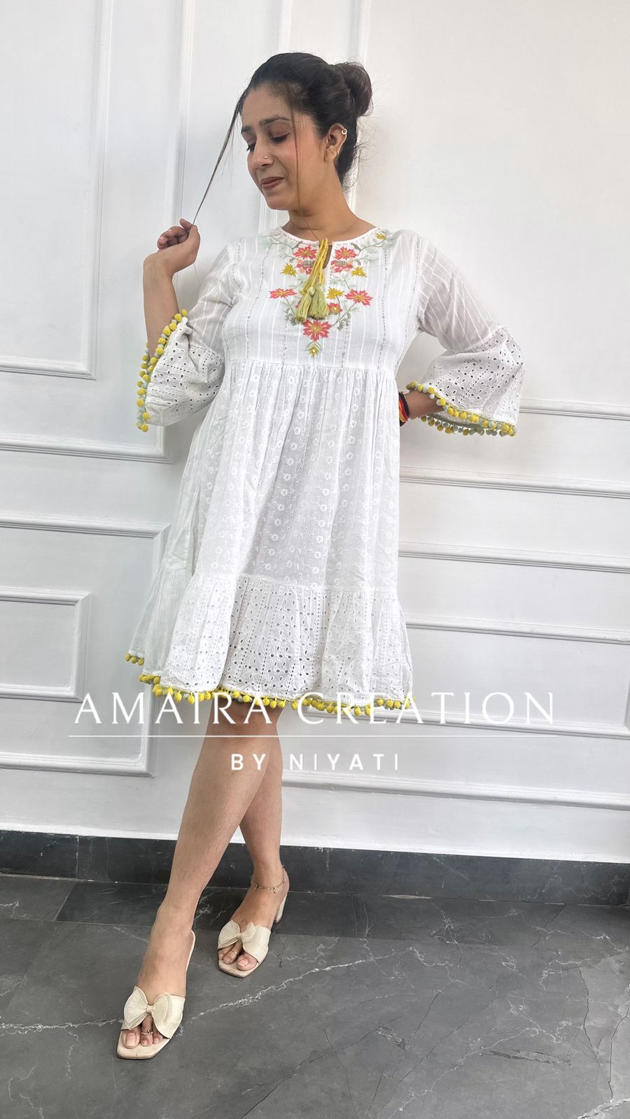 Schiffli Cotton White Dress