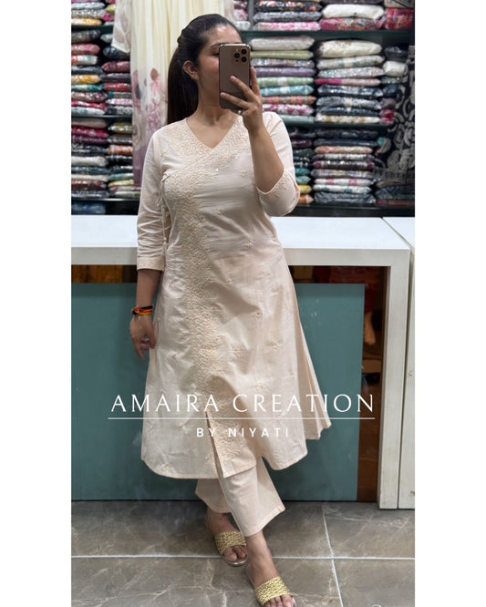 Beige Cotton Lakhnavi Angrakha A Line Pants Set
