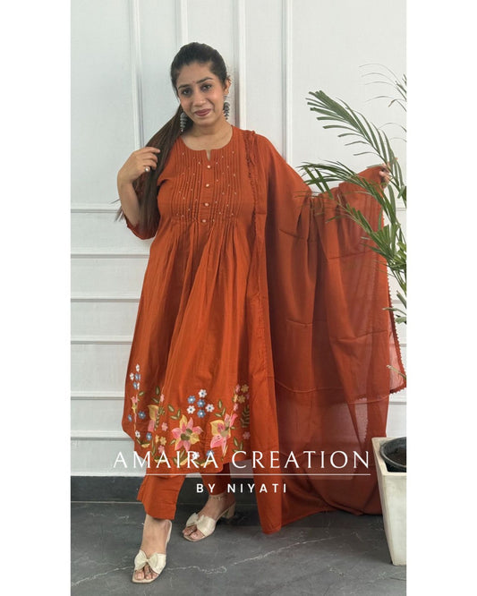 Rust A line Floral EmbroIderd Pant Set