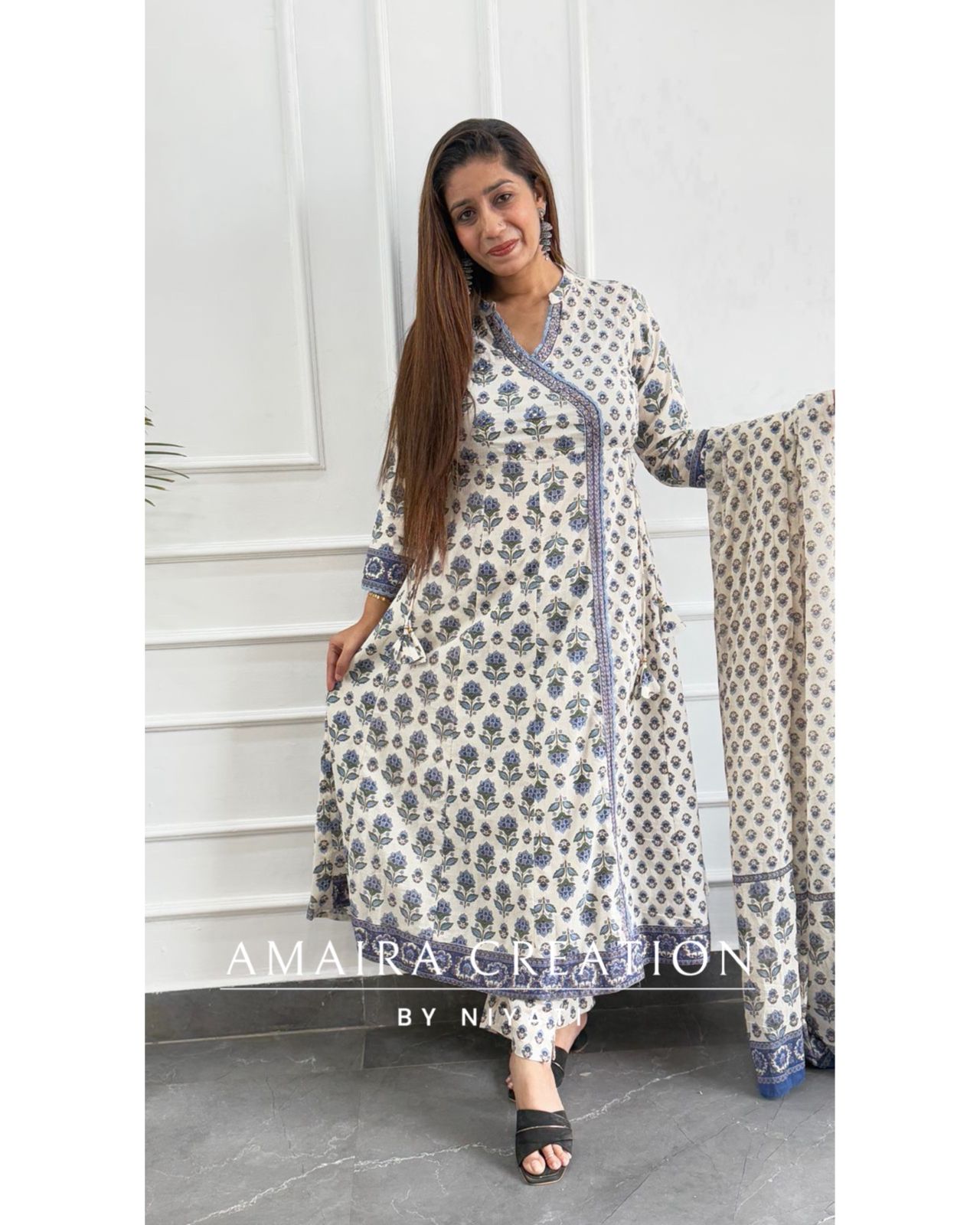 White SkyBlue Angrakha A-Line Pant set