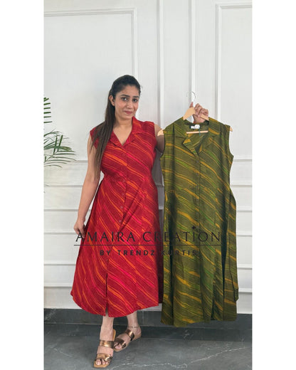 Brick & Olive Green Premium Reyon Dress(17 inches sleeves available)