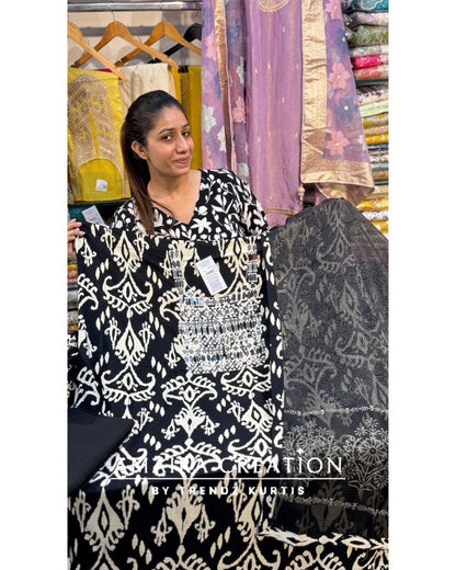 Premium Reyon Fabric Ikkat Print Unstitched Suit With Kota Doria Dupatta