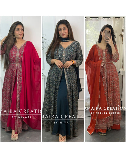 Thread Embroidered Georgette Fabric Centre Slit Anarakali Set