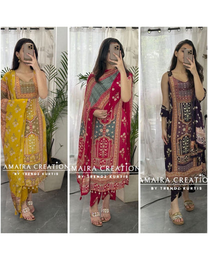Premium Crepe Strap Pattern Designer Pant Set(16 inches sleeves available)