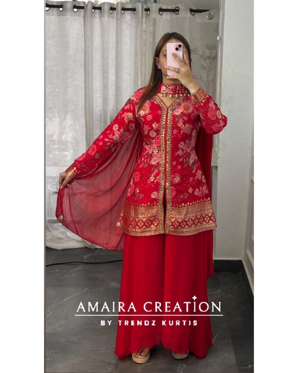 Premium Organza Red Colour Short Kurti With Flare Georgette Divider Set