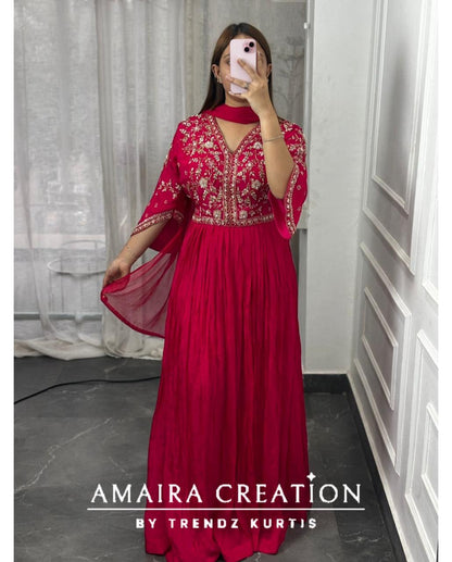 Premium Chinnon Magenta Colour One Piece Dress With Graceful Hand Work
