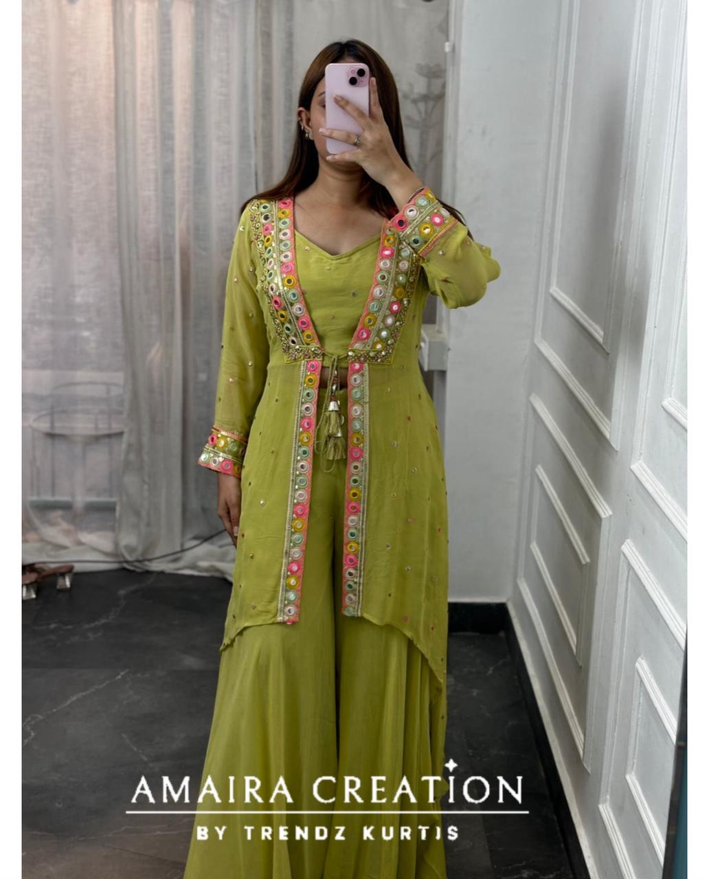 Premium Georgette Pista Green Indowestern 3pc Set