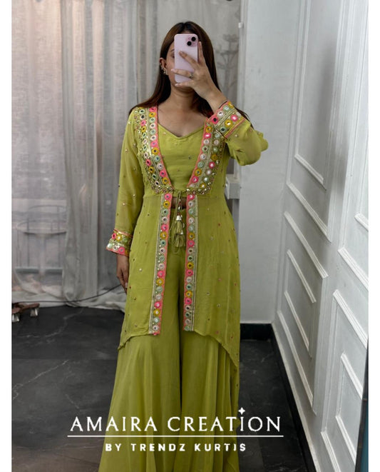 Premium Georgette Pista Green Indowestern 3pc Set