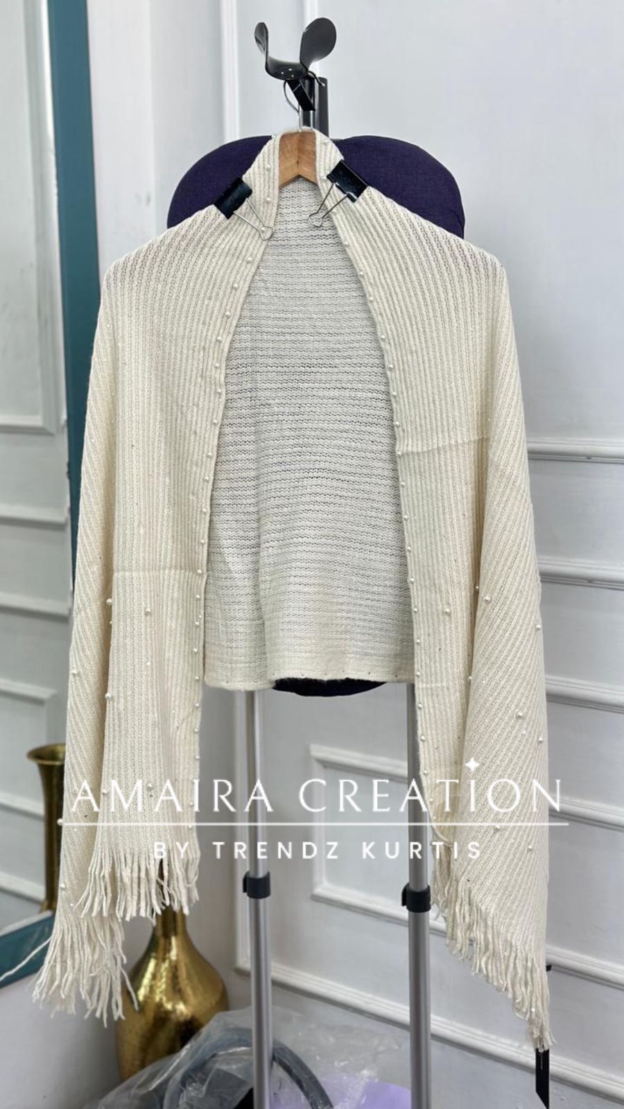 Premium Woolen Party Wear Stole With Pearl Dratiling