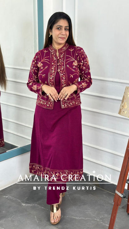 Premium Woolen Kashmiri Embroidered Three Pc Jacket Set