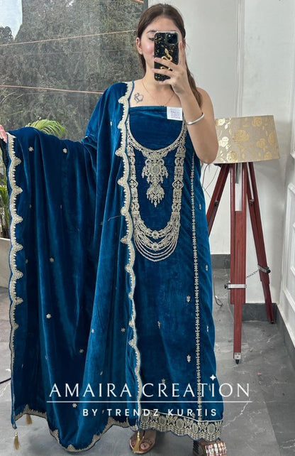 Teal Blue Premium Velvet Unstitched Suit With Beautiful Work