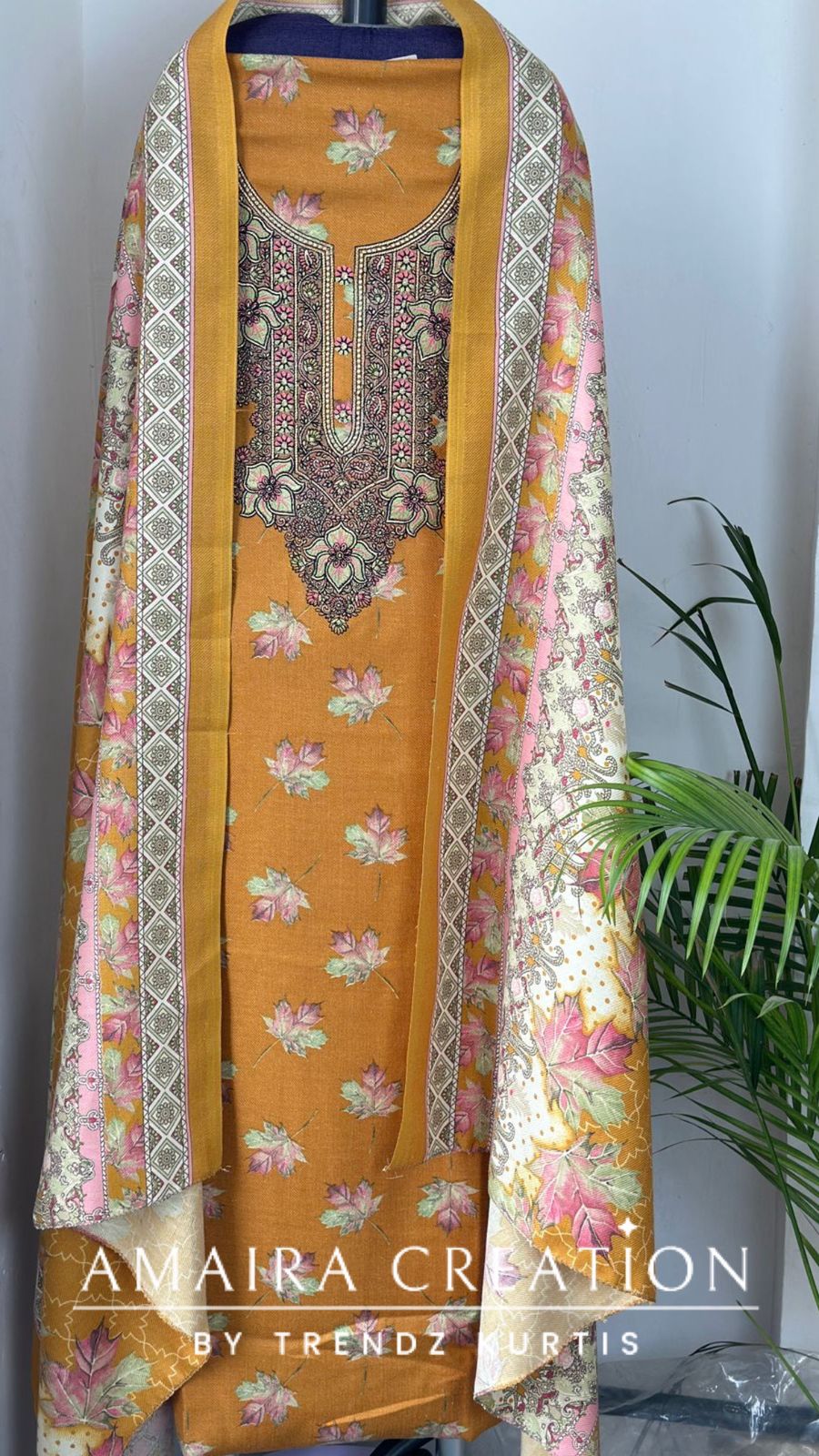 Pashmina Mustard floral unstitched suit