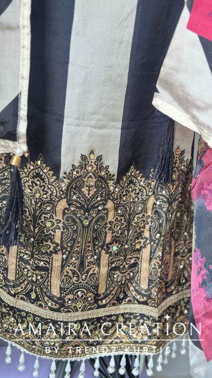 Premium Crepe Beige Black Unstitched Suit With Beautiful Crepe Dupatta