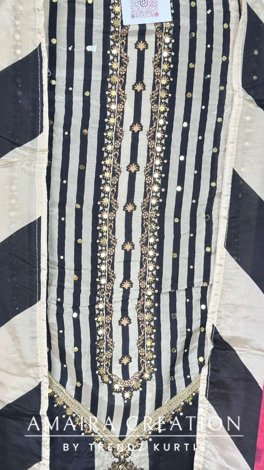 Premium Crepe Beige Black Unstitched Suit With Beautiful Crepe Dupatta