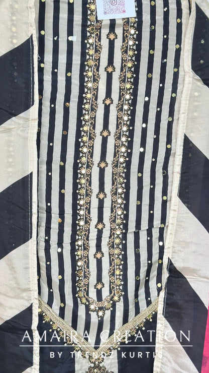 Premium Crepe Beige Black Unstitched Suit With Beautiful Crepe Dupatta