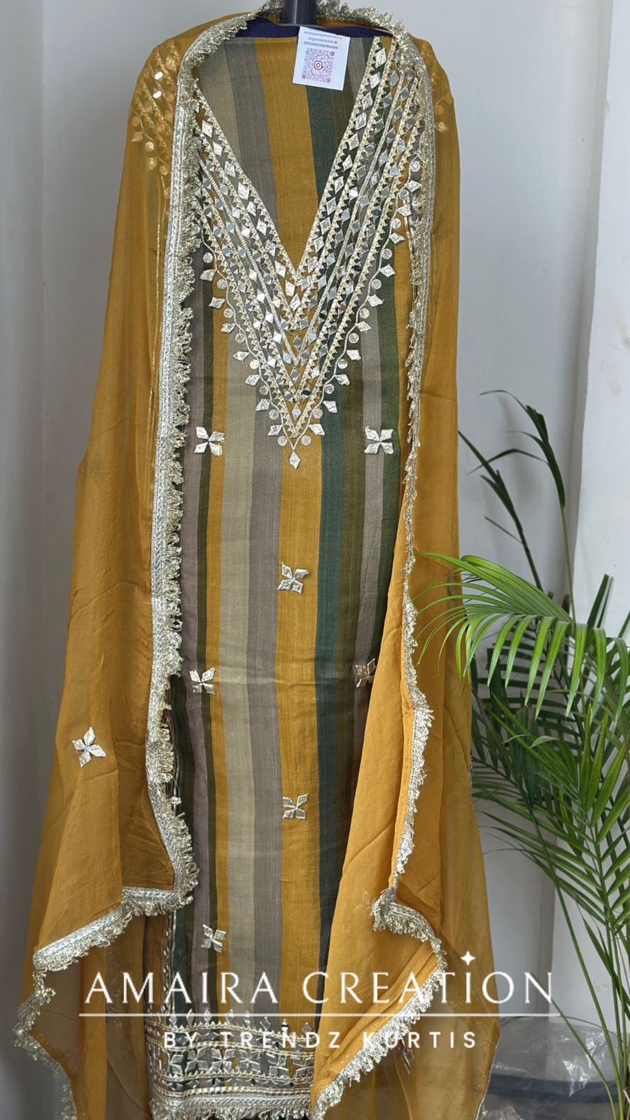 Premium Glass Tissue Mustard Olive Green Unstitched Suit With Gotta Patti & Original Mirror Work Deatiling