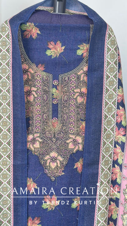 Premium Pashmina Floral Print Unstitched Suit With Beautiful Embroidery Detailing On neck