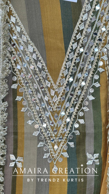 Premium Glass Tissue Mustard Olive Green Unstitched Suit With Gotta Patti & Original Mirror Work Deatiling