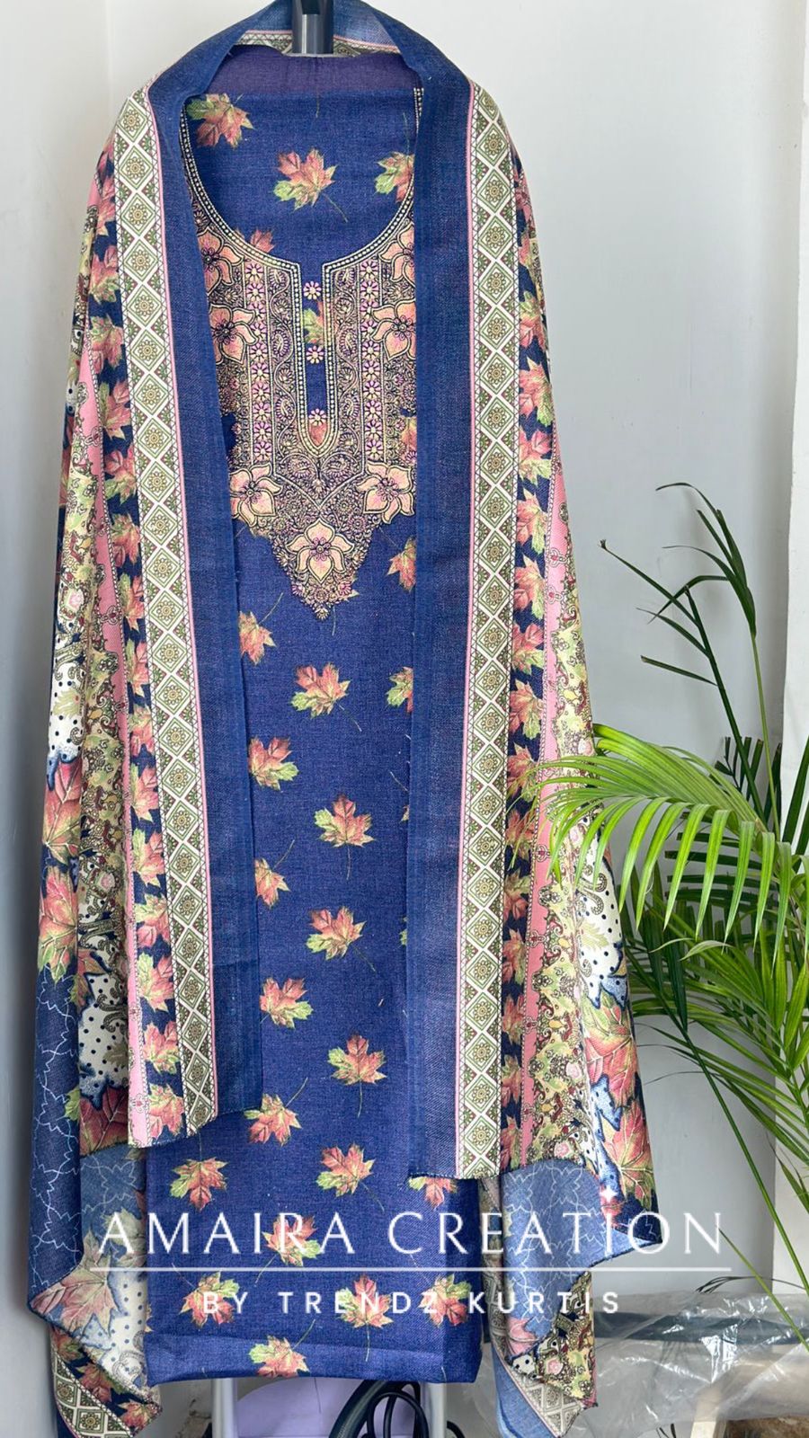 Premium Pashmina Floral Print Unstitched Suit With Beautiful Embroidery Detailing On neck
