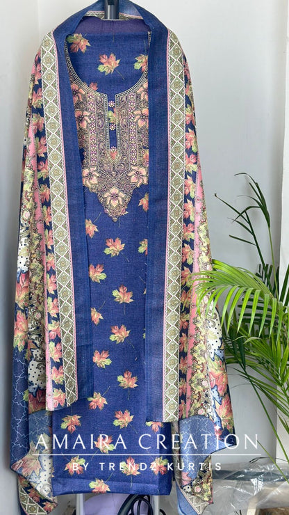 Premium Pashmina Floral Print Unstitched Suit With Beautiful Embroidery Detailing On neck