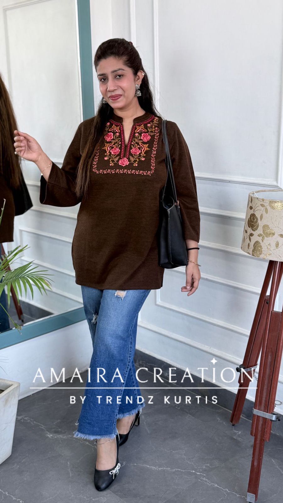 Premium Woolen Brown Beautiful Embroidered Short Kurti