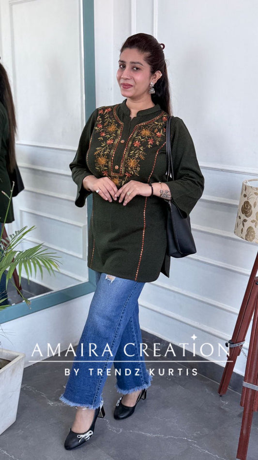 Premium Woolen Green Embroidered Short Kurti