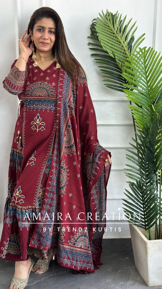 Premium Cotton Maroon Color Anarkali Set