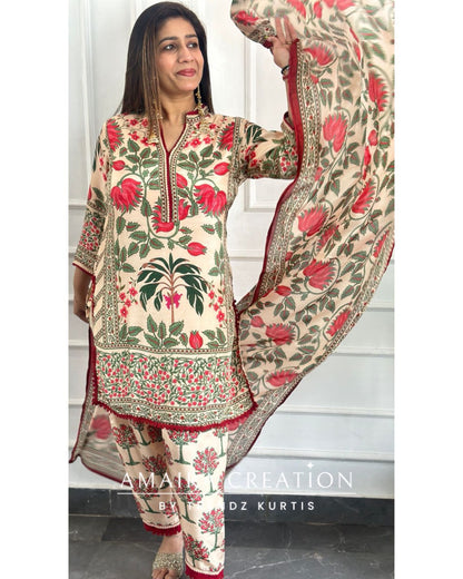 Premium Crepe Peach Color Kalamkari Print Farsi Salwar Set
