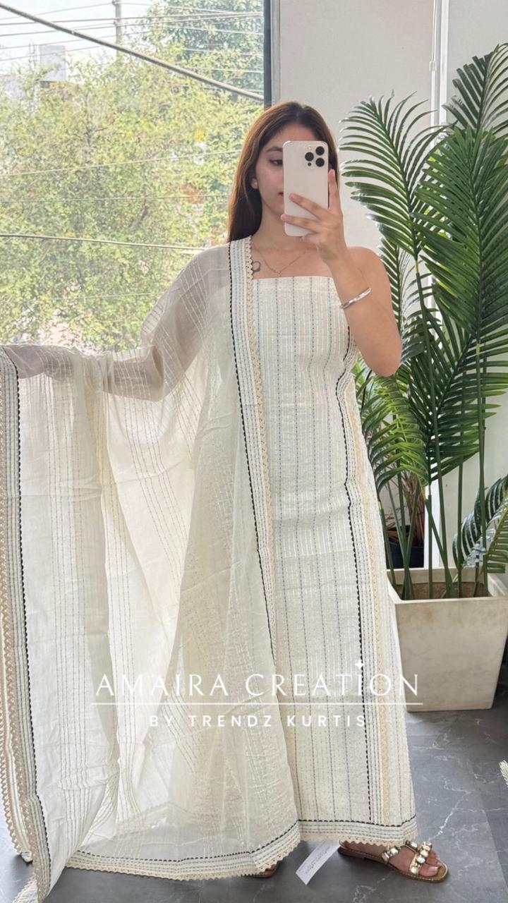 Premium Cotton Offwhite Black Thread Embroidered Detailing Unstitched Suit