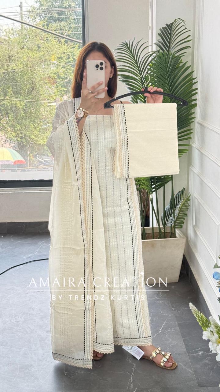Premium Cotton Offwhite Black Thread Embroidered Detailing Unstitched Suit