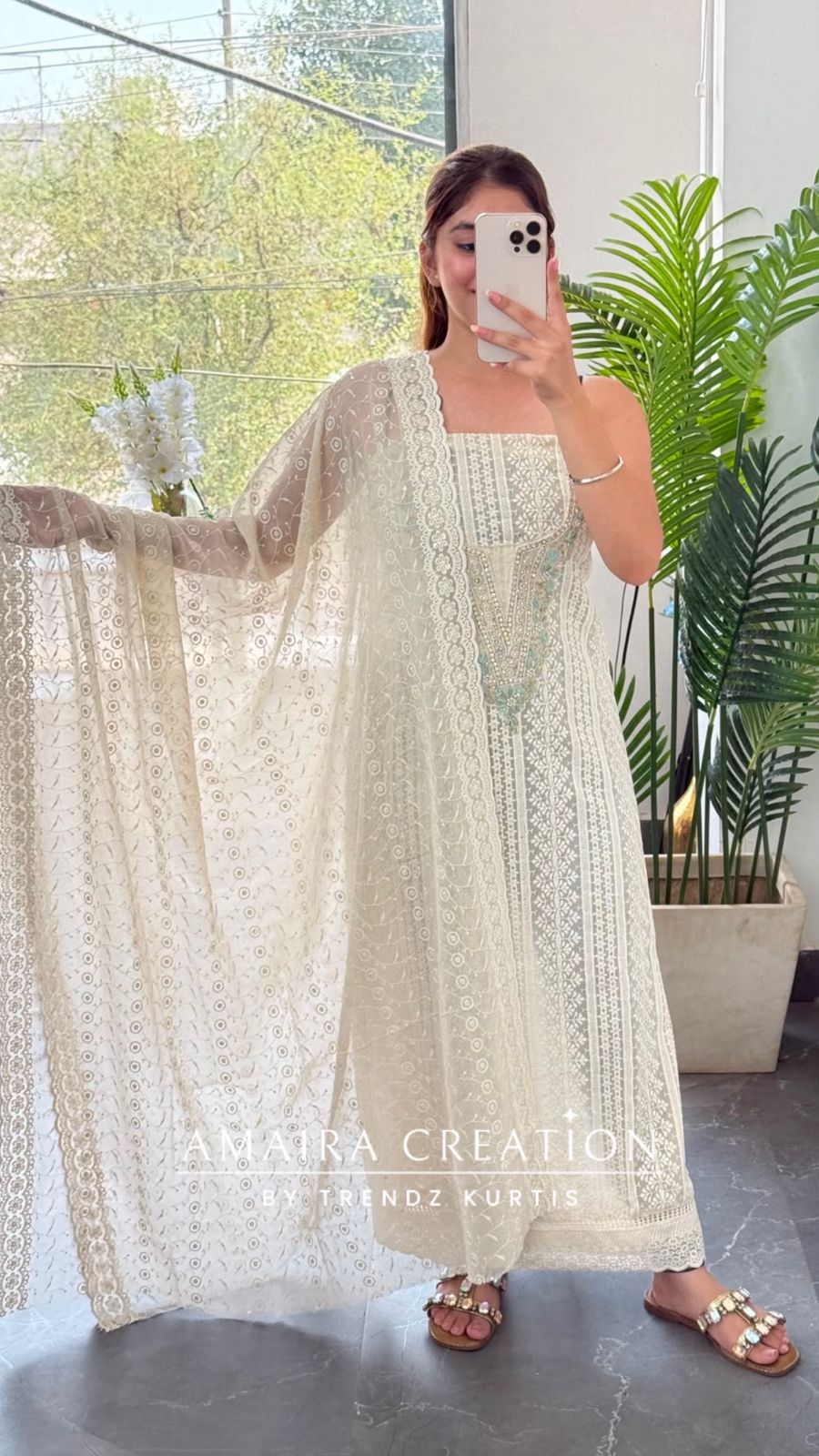 Premium Georgette Chikankari Beige Light Green Unstitched Suit With Georgette Chikankari Dupatta