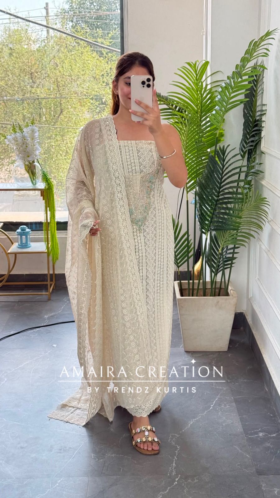 Premium Georgette Chikankari Beige Light Green Unstitched Suit With Georgette Chikankari Dupatta