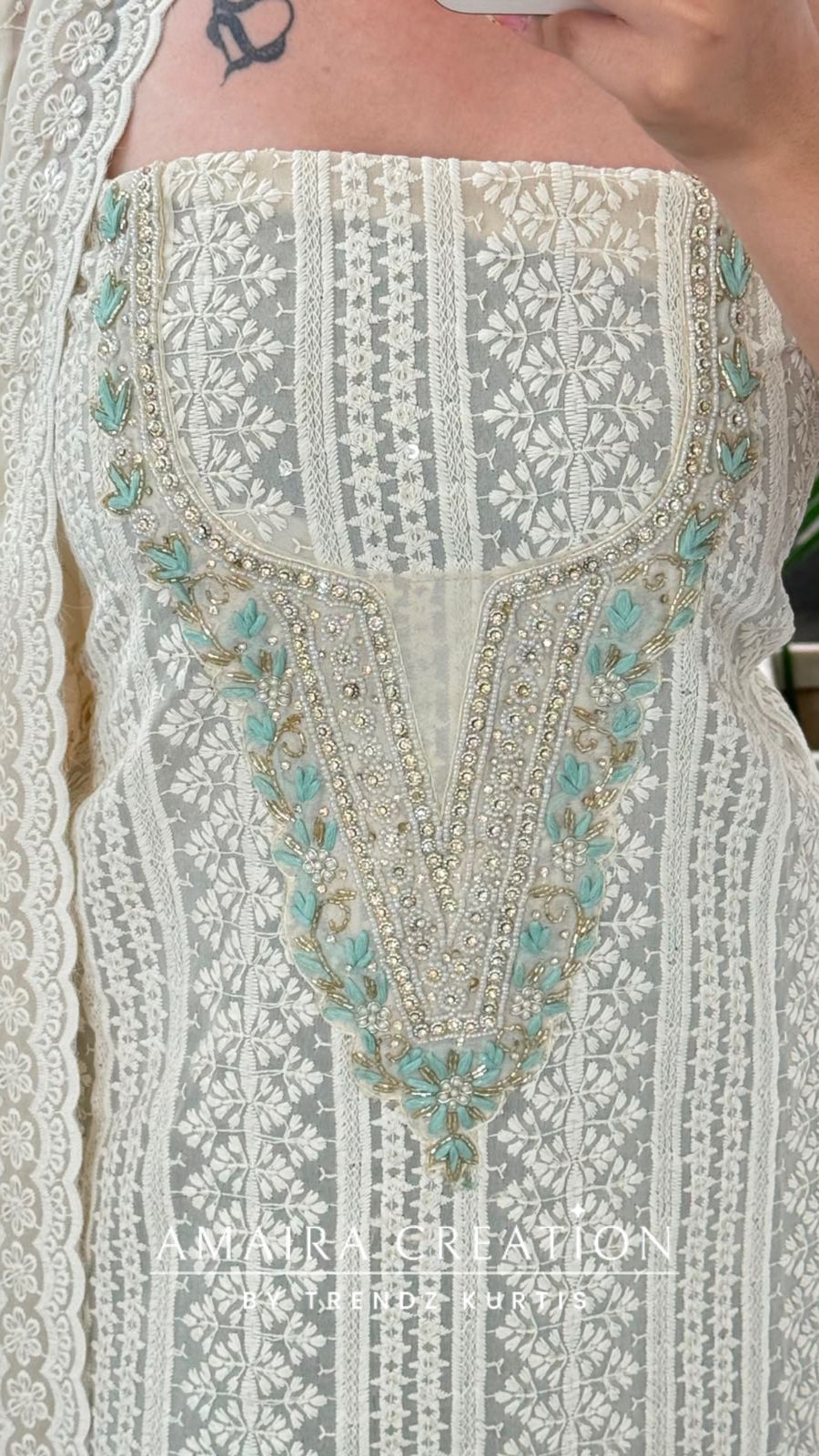 Premium Georgette Chikankari Beige Light Green Unstitched Suit With Georgette Chikankari Dupatta