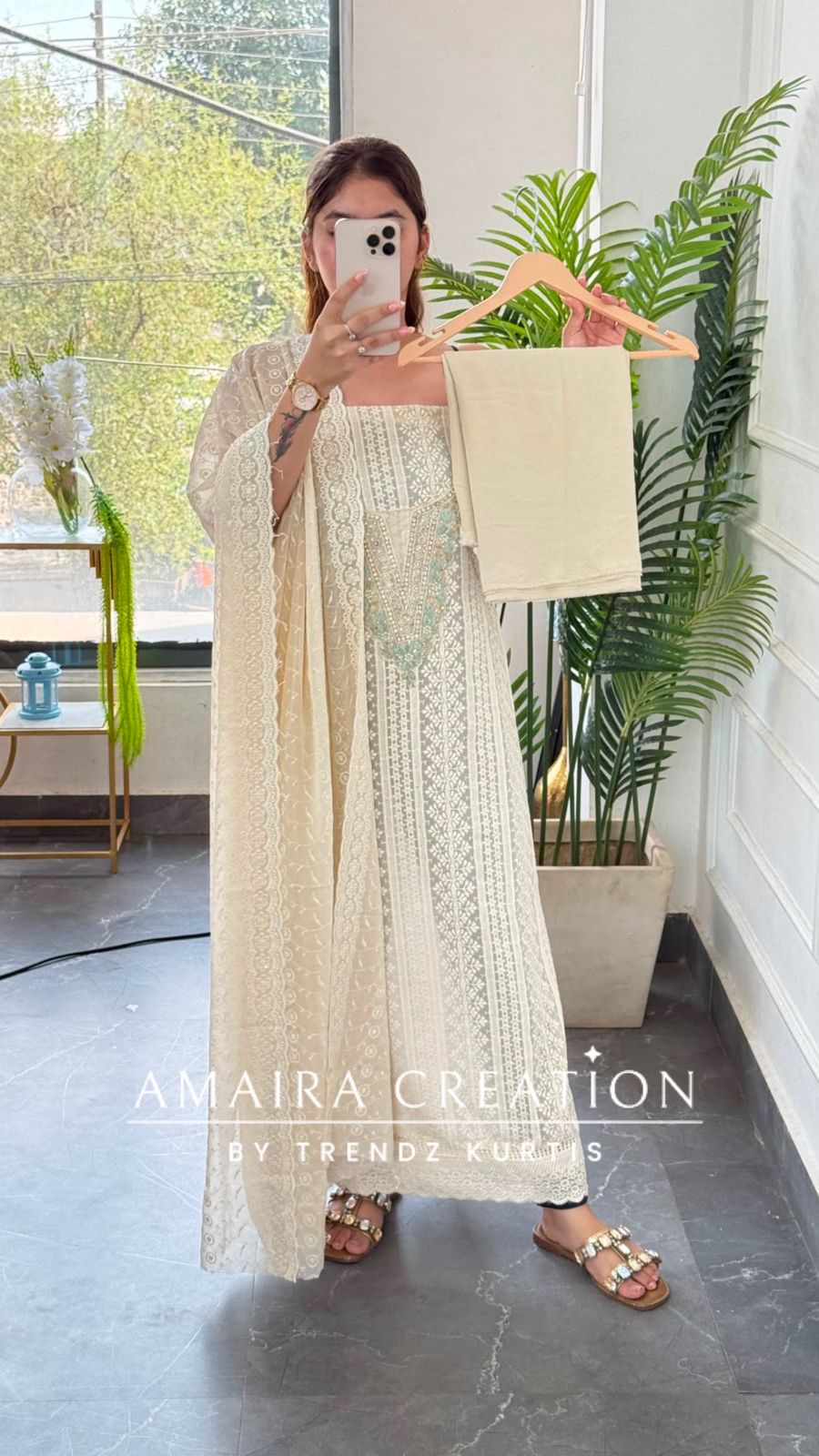 Premium Georgette Chikankari Beige Light Green Unstitched Suit With Georgette Chikankari Dupatta