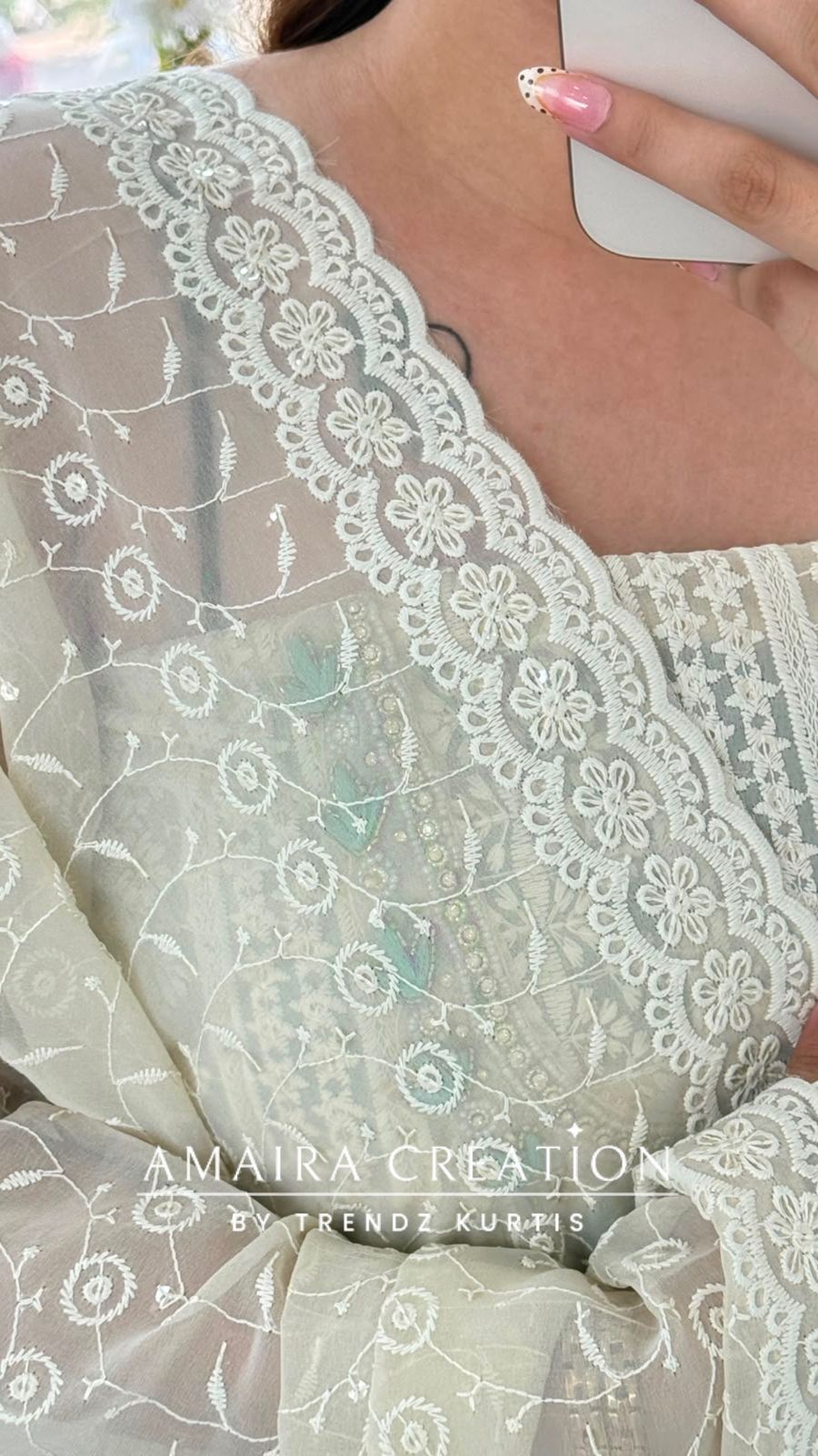 Premium Georgette Chikankari Beige Light Green Unstitched Suit With Georgette Chikankari Dupatta