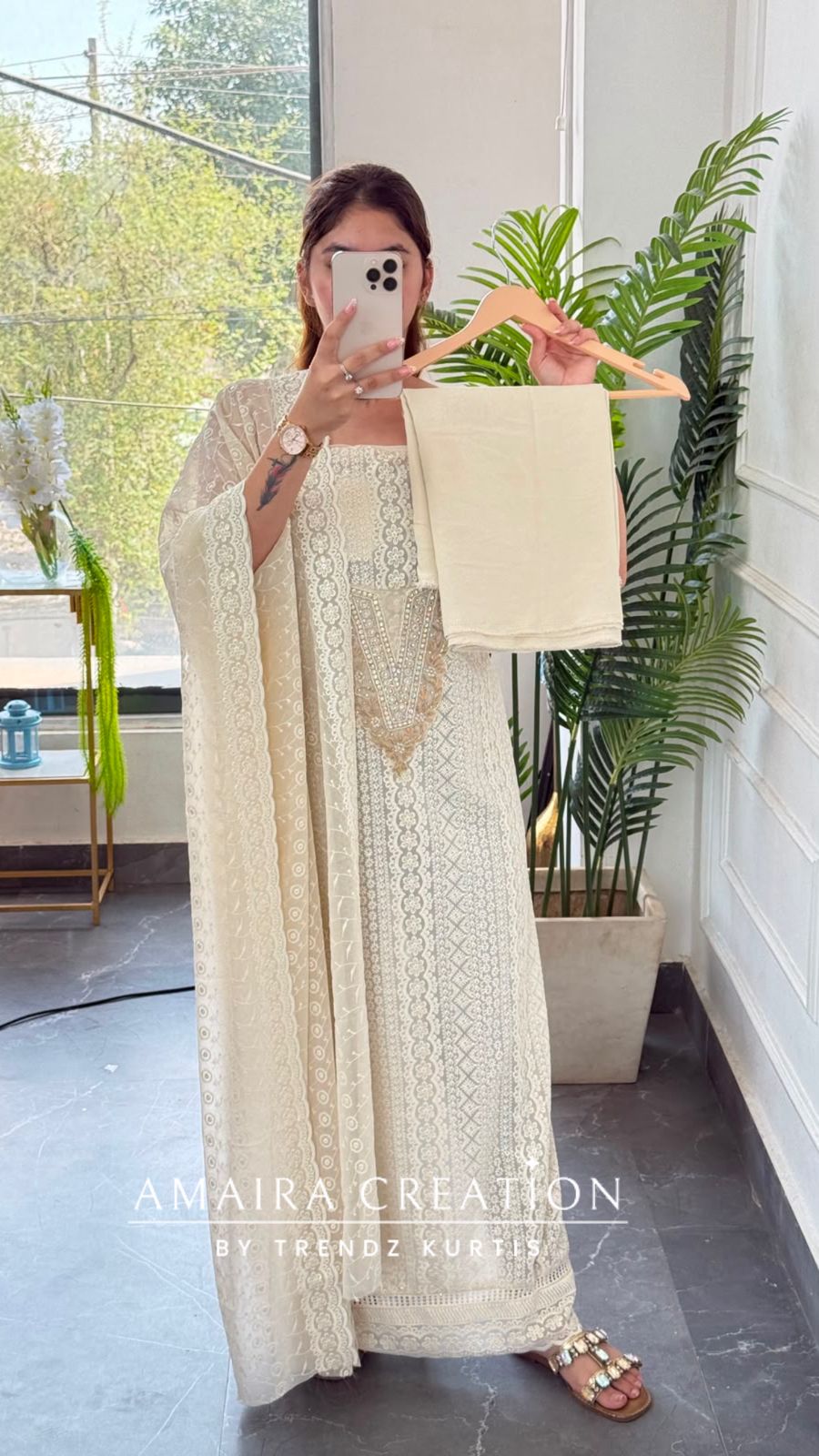 Premium Georgette Chikankari Beige Golden Unstitched Suit With Georgette Chikankari Dupatta