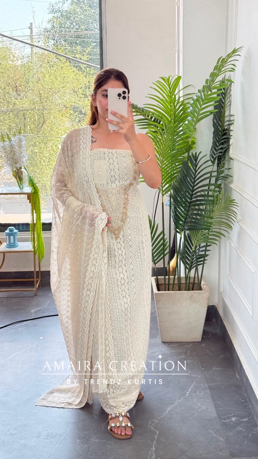 Premium Georgette Chikankari Beige Golden Unstitched Suit With Georgette Chikankari Dupatta