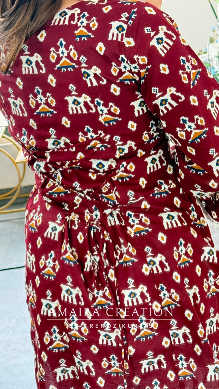 Ethnic Marrron Patchwork Print Short Kurti with Back Knot Dori