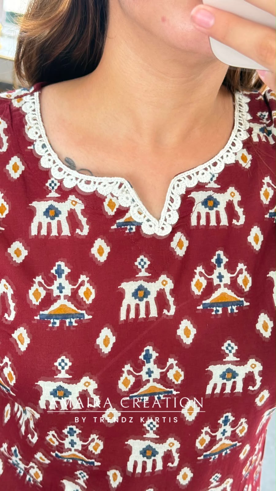 Ethnic Marrron Patchwork Print Short Kurti with Back Knot Dori